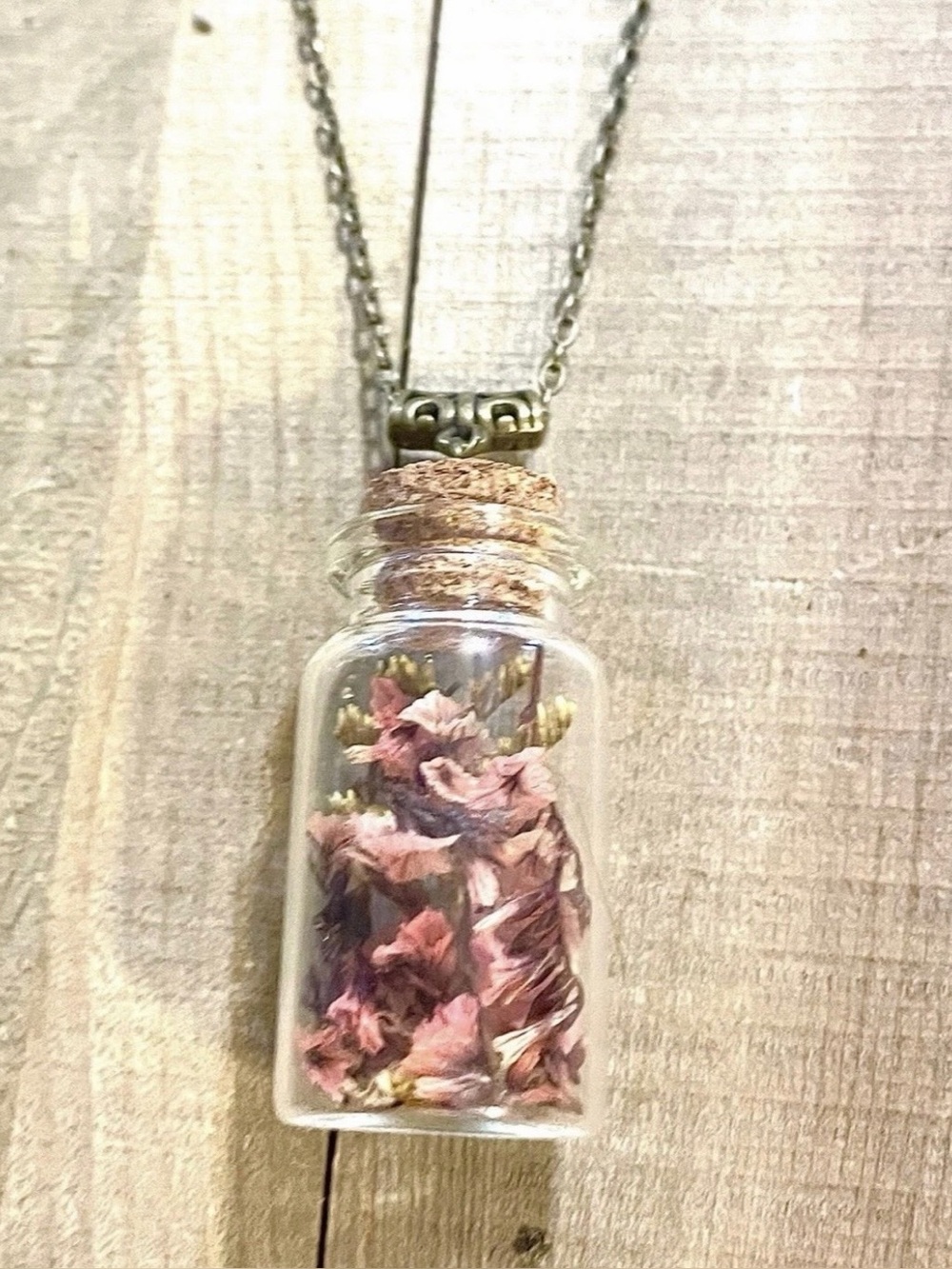 Pink Pressed Flower Glass Bottle Necklace